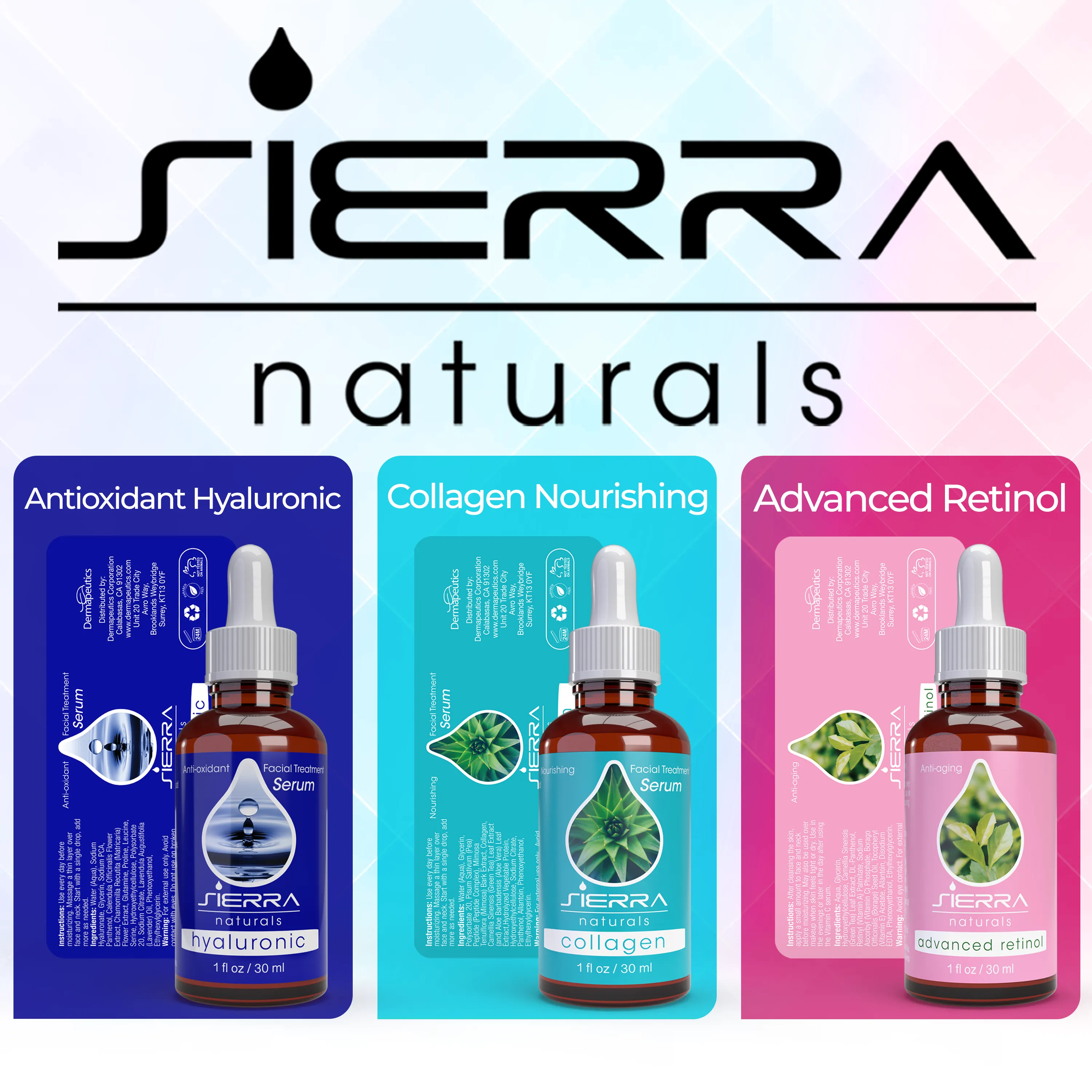 [3PACK] Dermapeutics Hyaluronic Acid Serum for Face, Retinol Serum for Face, Collagen Serum for Face