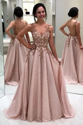 A Line Sheer Neck Long Prom Dress with Beads, Appliqued Long Evening Dress with Sheer Back UQ1815