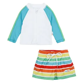 Boys Long Sleeve Zipper Rash Guard and Swim Trunk Set | "Rainbow"
