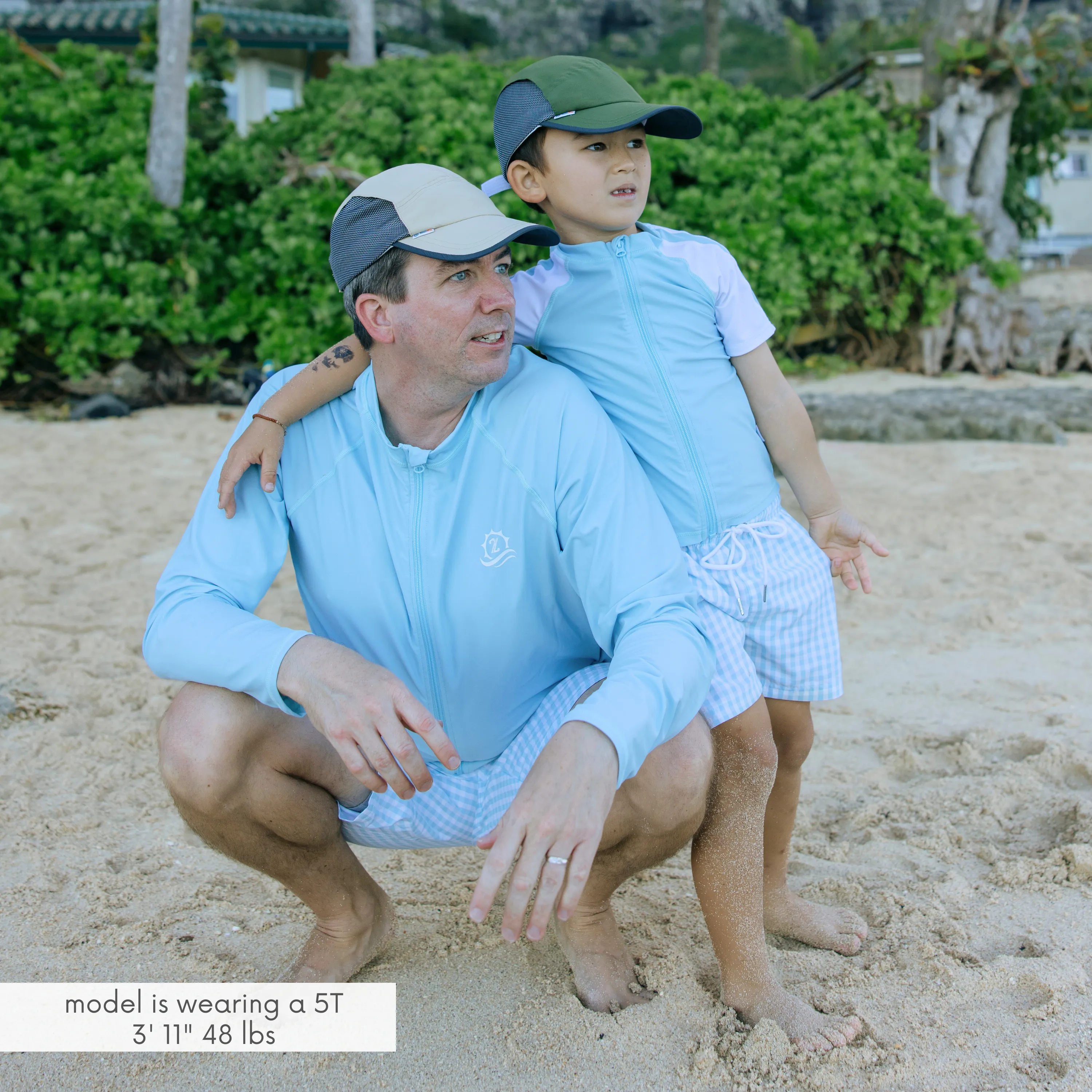 Boys Short Sleeve Zipper Rash Guard and Swim Trunk Set | "Blue Gingham"