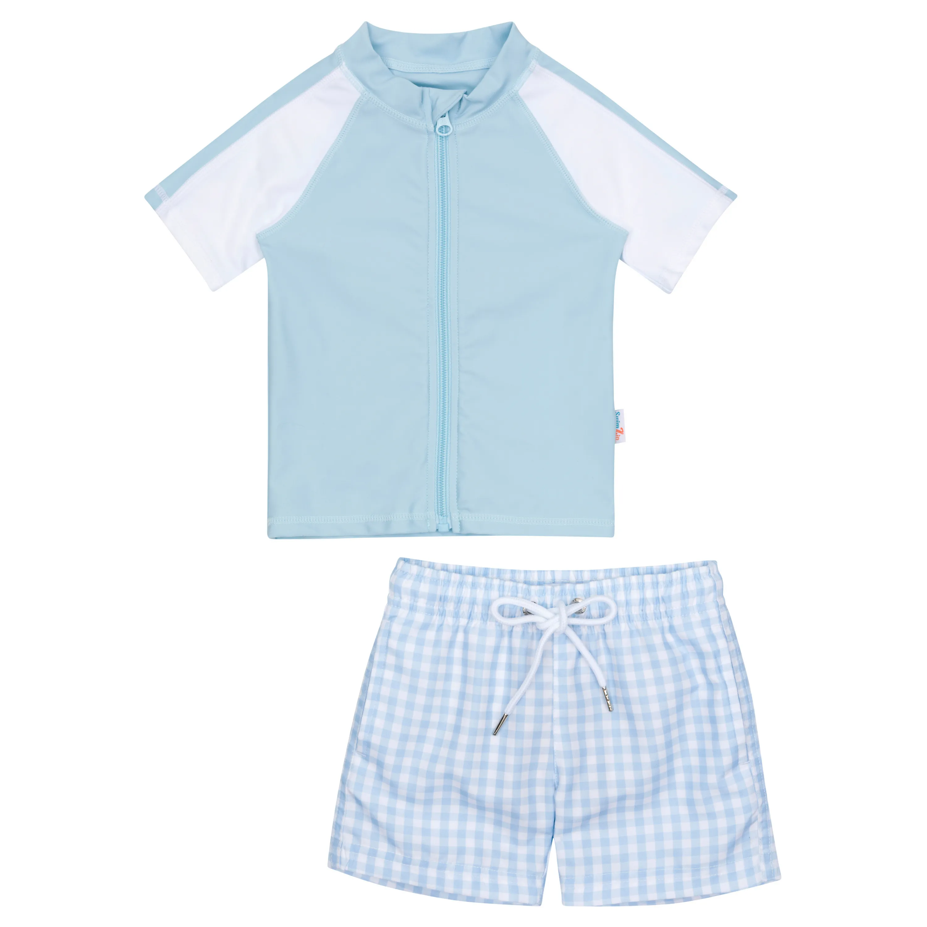 Boys Short Sleeve Zipper Rash Guard and Swim Trunk Set | "Blue Gingham"