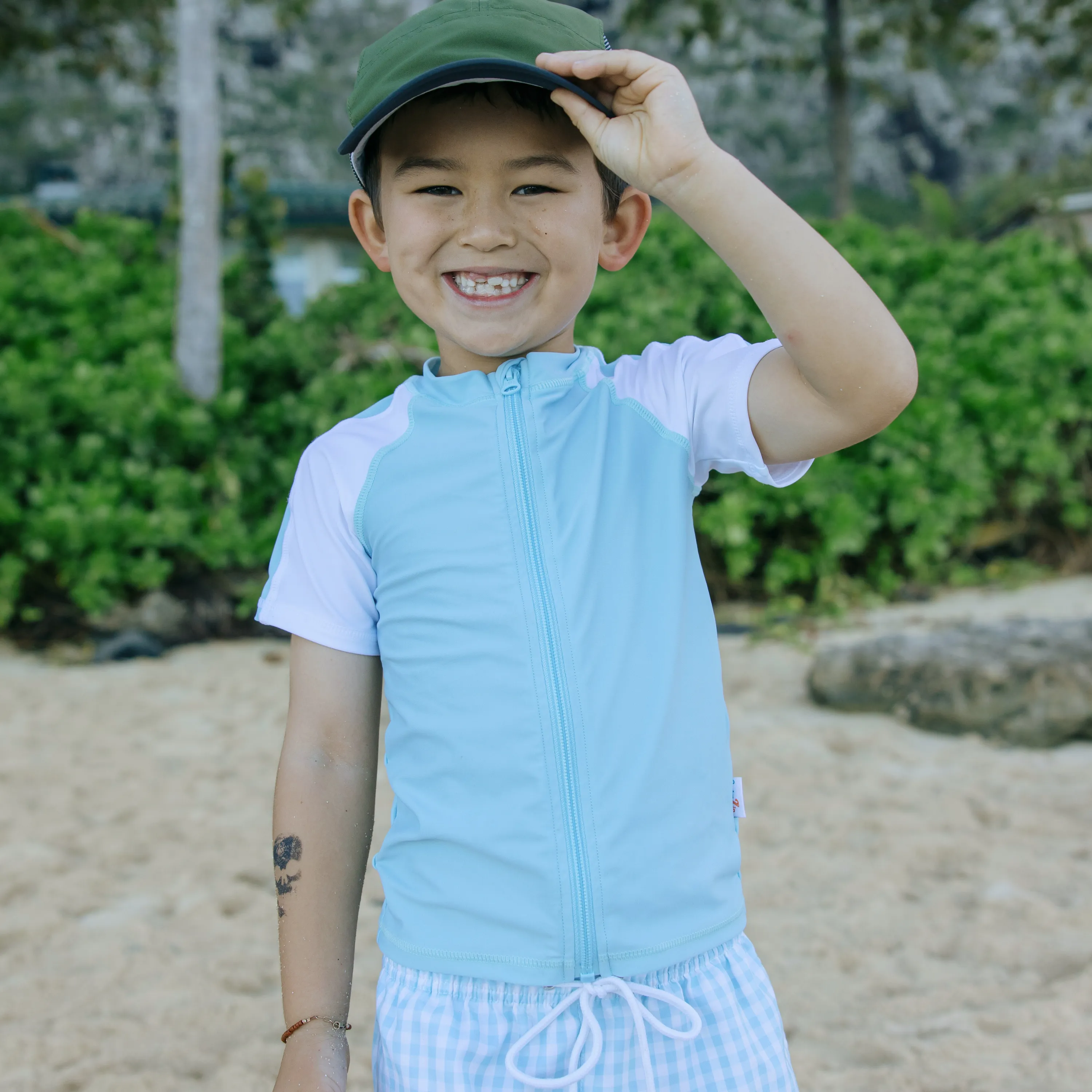 Boys Short Sleeve Zipper Rash Guard and Swim Trunk Set | "Blue Gingham"