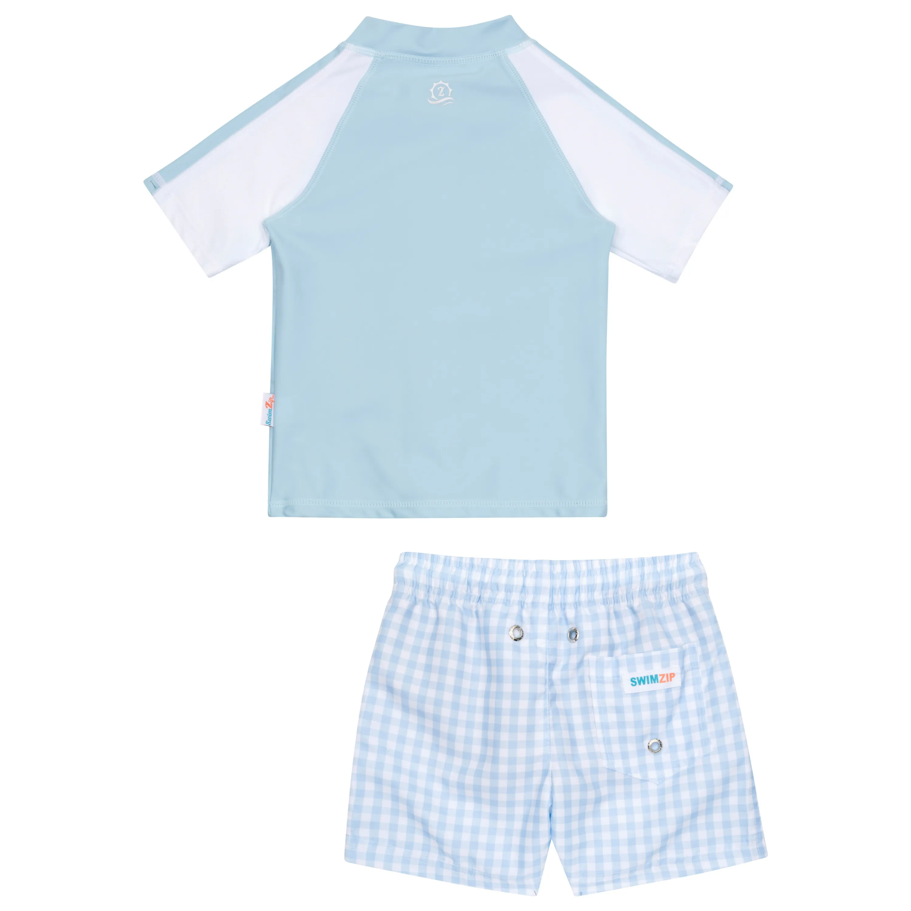 Boys Short Sleeve Zipper Rash Guard and Swim Trunk Set | "Blue Gingham"