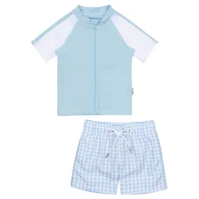 Boys Short Sleeve Zipper Rash Guard and Swim Trunk Set | "Blue Gingham"