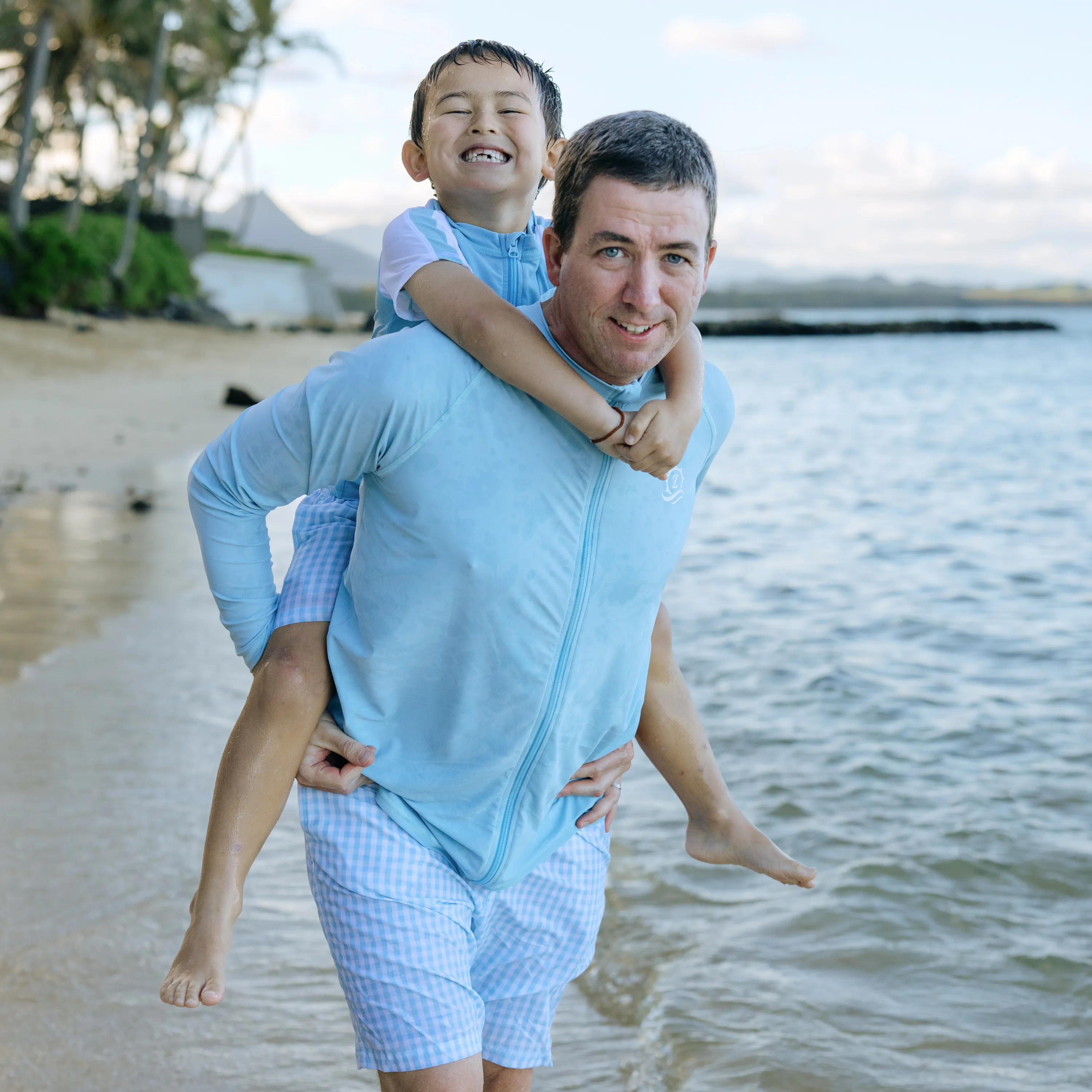 Boys Short Sleeve Zipper Rash Guard and Swim Trunk Set | "Blue Gingham"