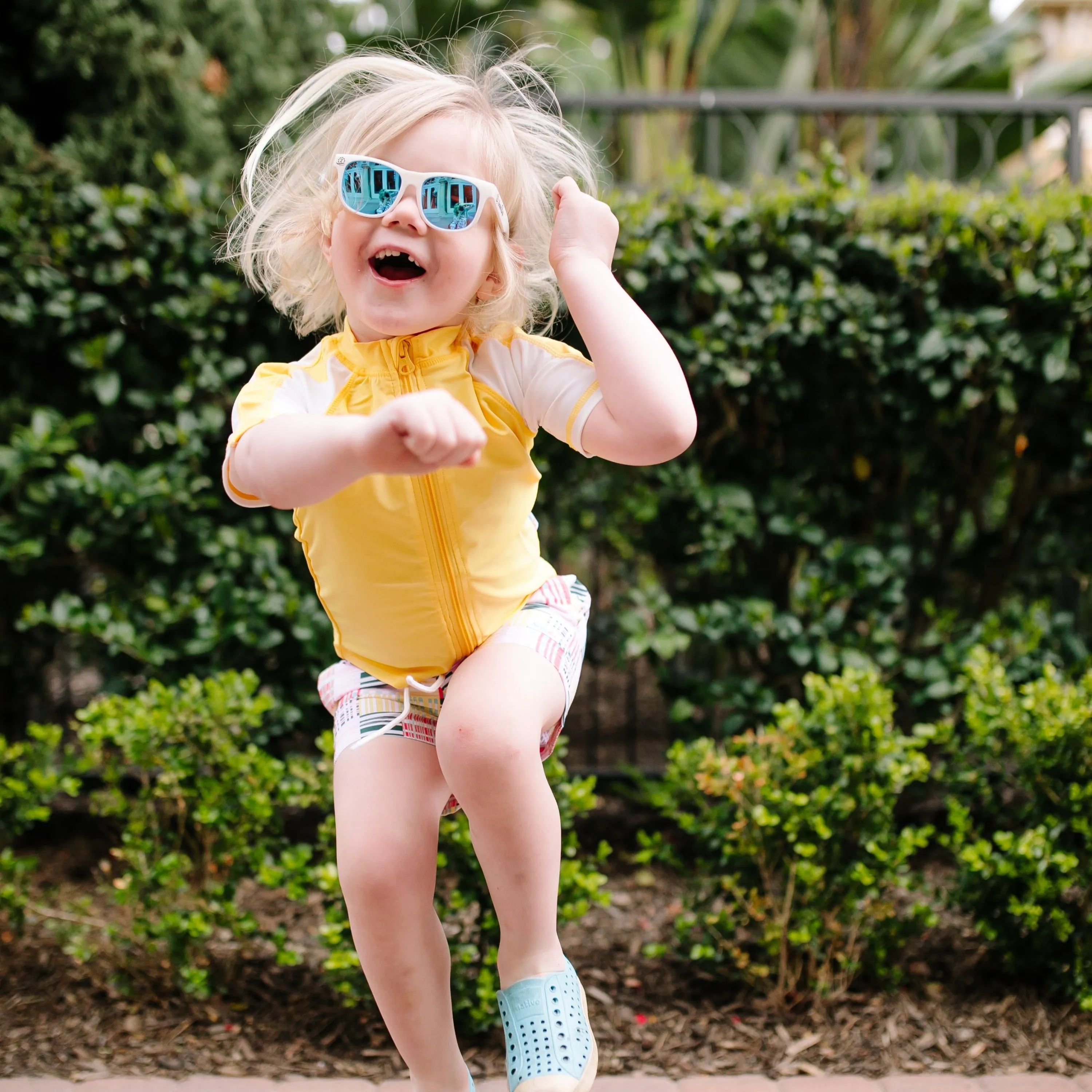 Boys Short Sleeve Zipper Rash Guard and Swim Trunk Set | "Madras Mania"