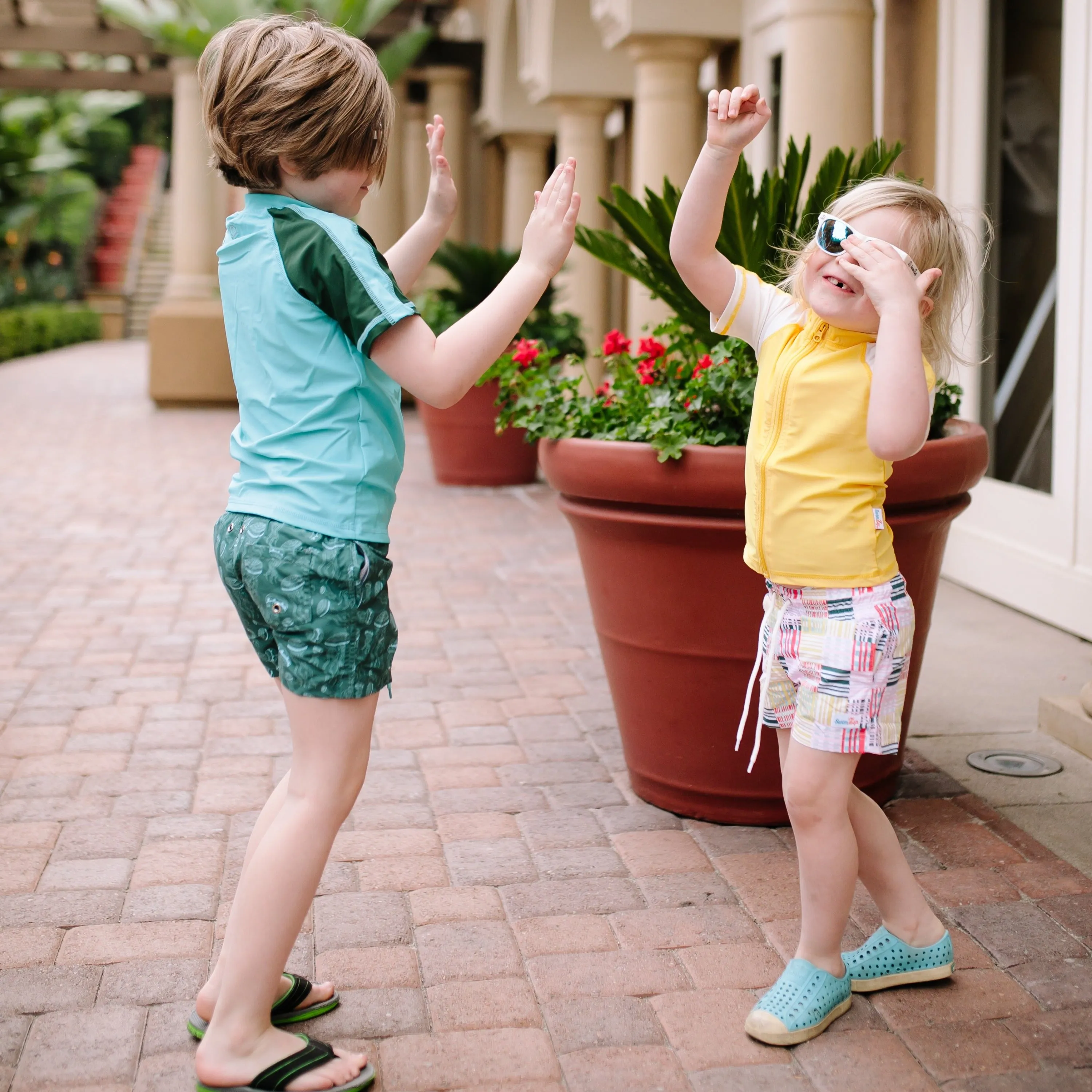 Boys Short Sleeve Zipper Rash Guard and Swim Trunk Set | "Madras Mania"