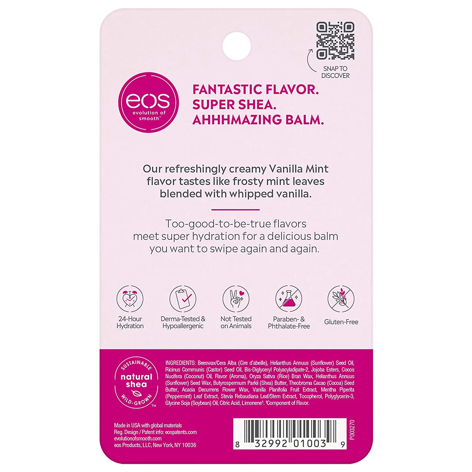Eos Super Soft Shea Lip Balm 24 Hour Hydration Care to Moisturize Dry Lips Gluten Free, Vanilla Mint, 0.25 Oz