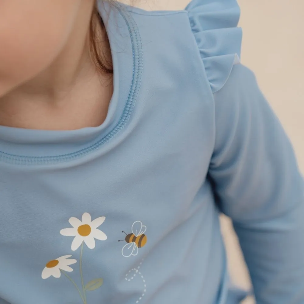 Girls Swim T-shirt Long Sleeves rashguard Ruffles Blue Daisies