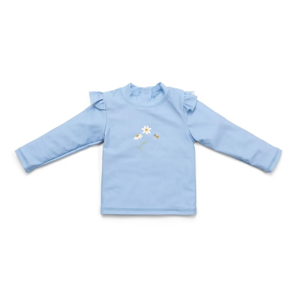 Girls Swim T-shirt Long Sleeves rashguard Ruffles Blue Daisies