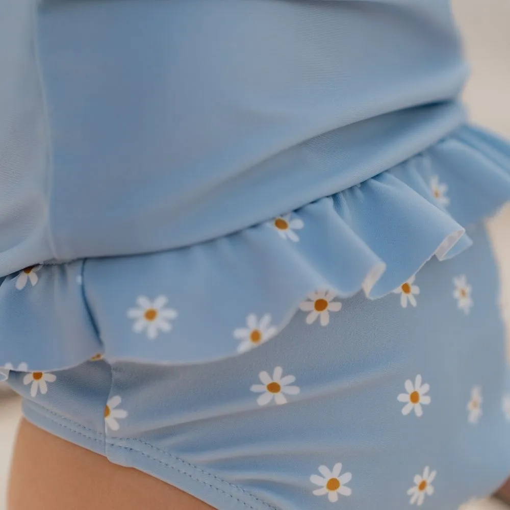 Girls Swim T-shirt Long Sleeves rashguard Ruffles Blue Daisies