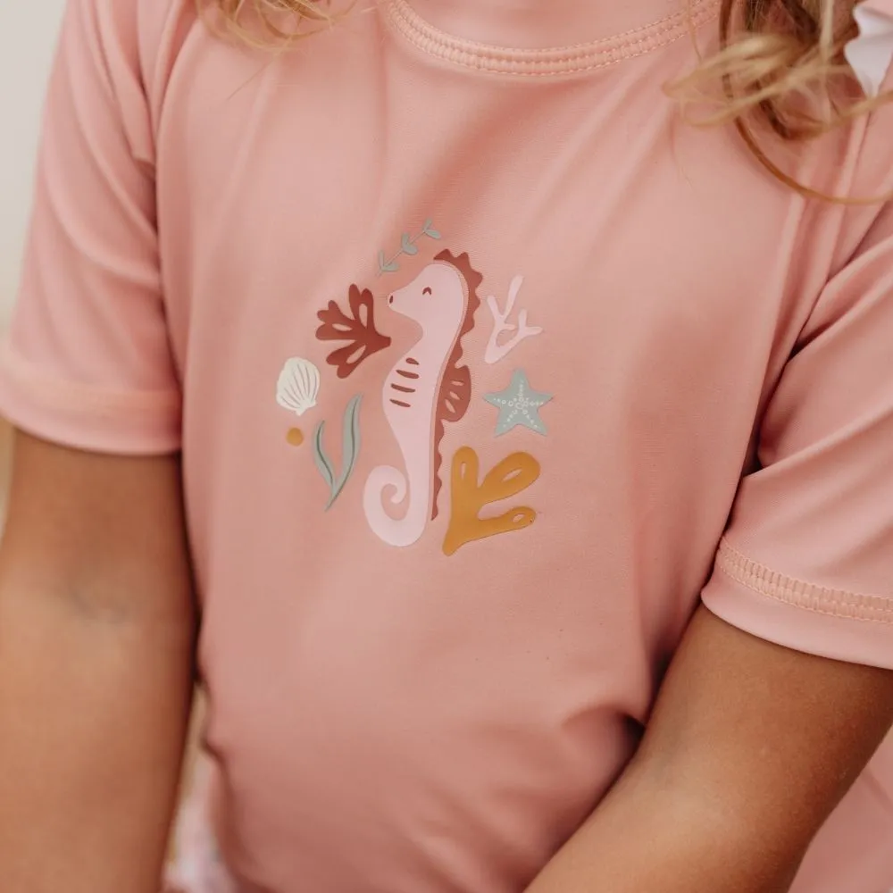 Girls Swim T-shirt Short Sleeves rashguard Ruffles Seahorse Pink