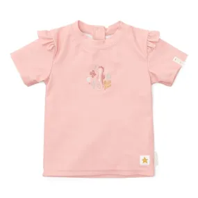 Girls Swim T-shirt Short Sleeves rashguard Ruffles Seahorse Pink
