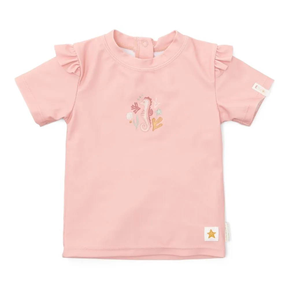 Girls Swim T-shirt Short Sleeves rashguard Ruffles Seahorse Pink