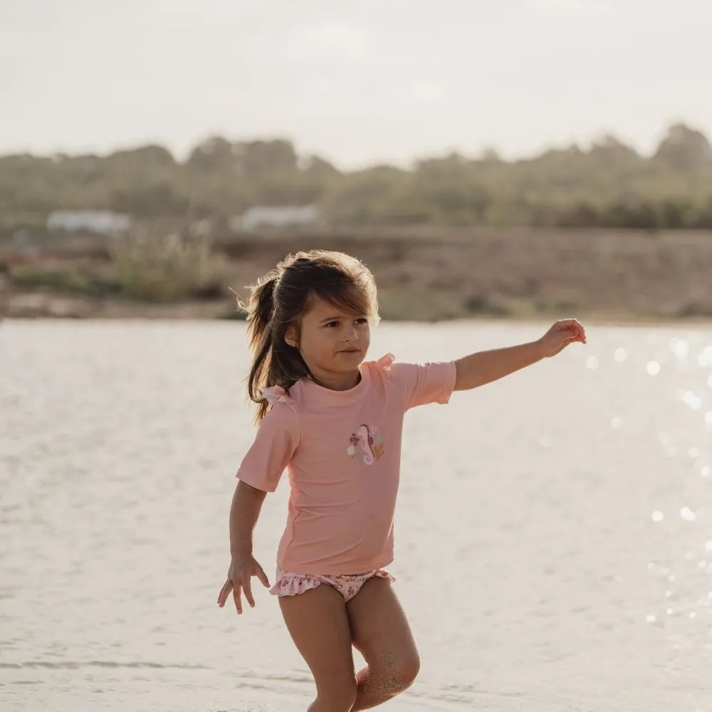 Girls Swim T-shirt Short Sleeves rashguard Ruffles Seahorse Pink