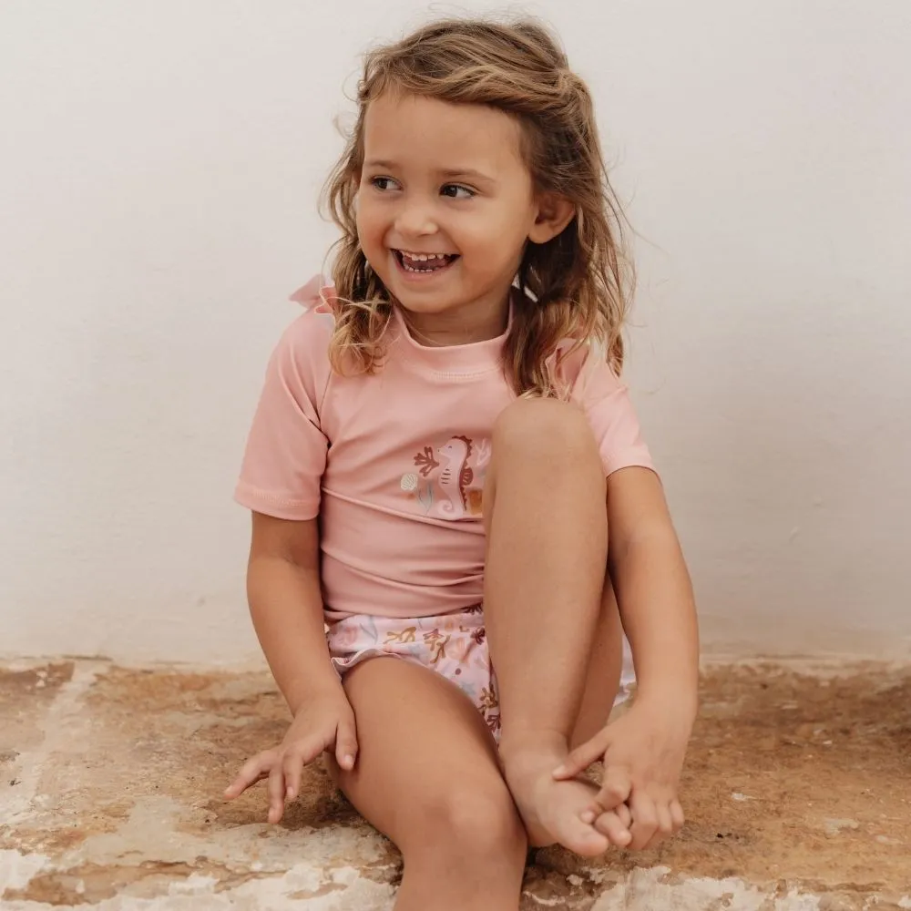 Girls Swim T-shirt Short Sleeves rashguard Ruffles Seahorse Pink