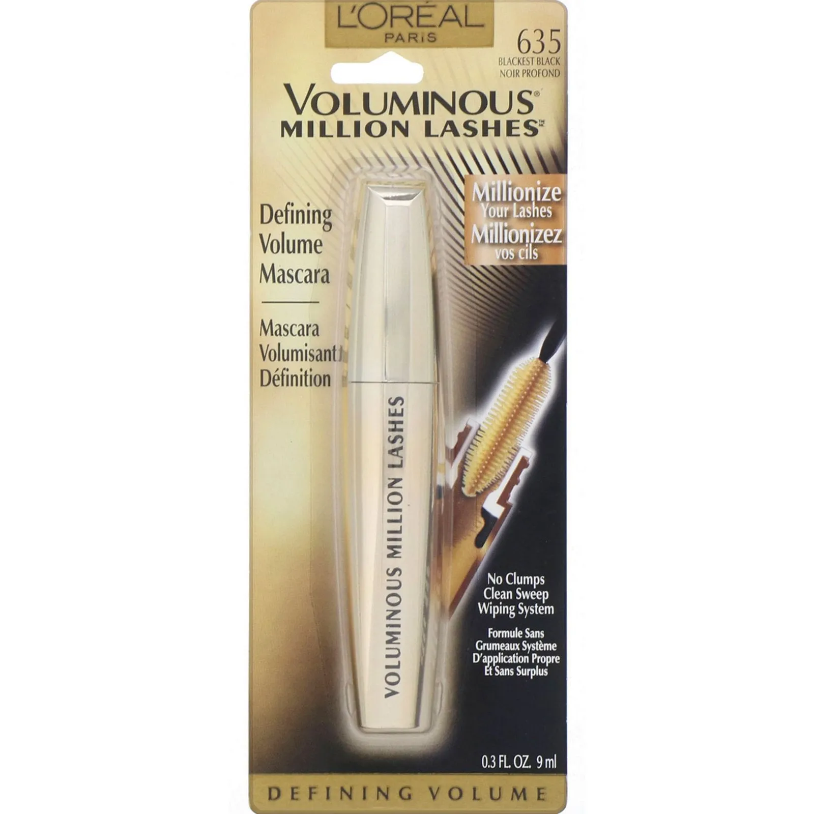 L'Oréal, Voluminous, Million Lashes Mascara, 635 Blackest Black, 0.3 fl oz (9 ml)