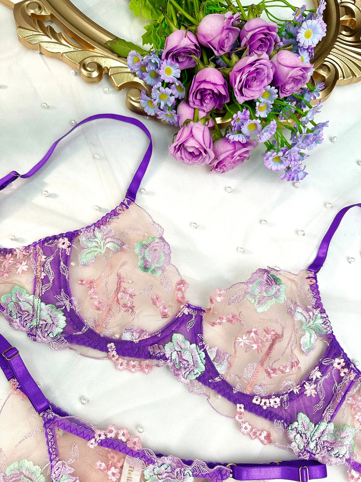 Purple Petal Embroidered Lingerie Set