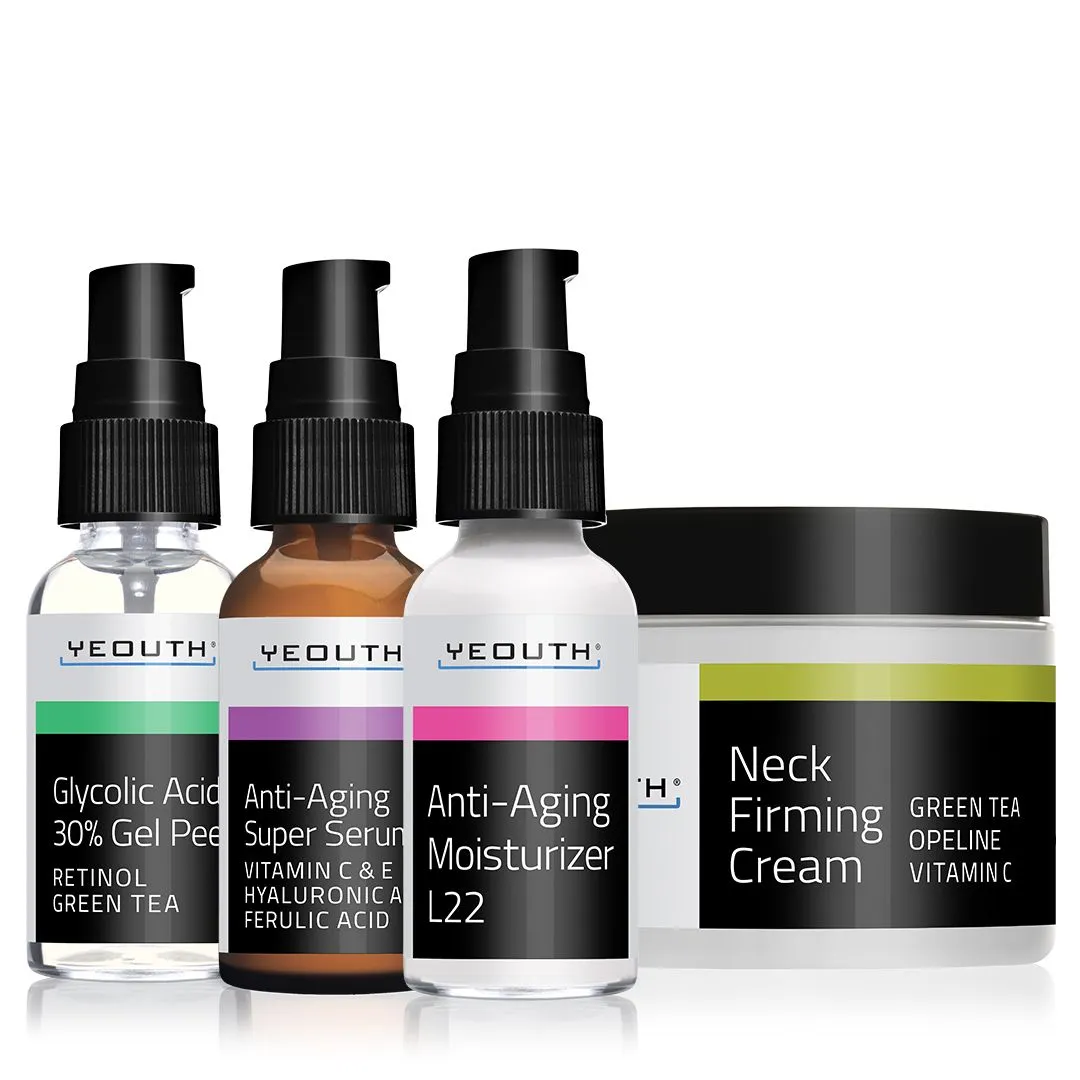 Revitalizing Skincare Essentials: Glycolic Acid 30% Gel Peel 1 oz,  Anti-Aging Super Serum 1 oz, Anti-Aging Moisturizer L22 1 oz & Neck Firming Cream 2 oz