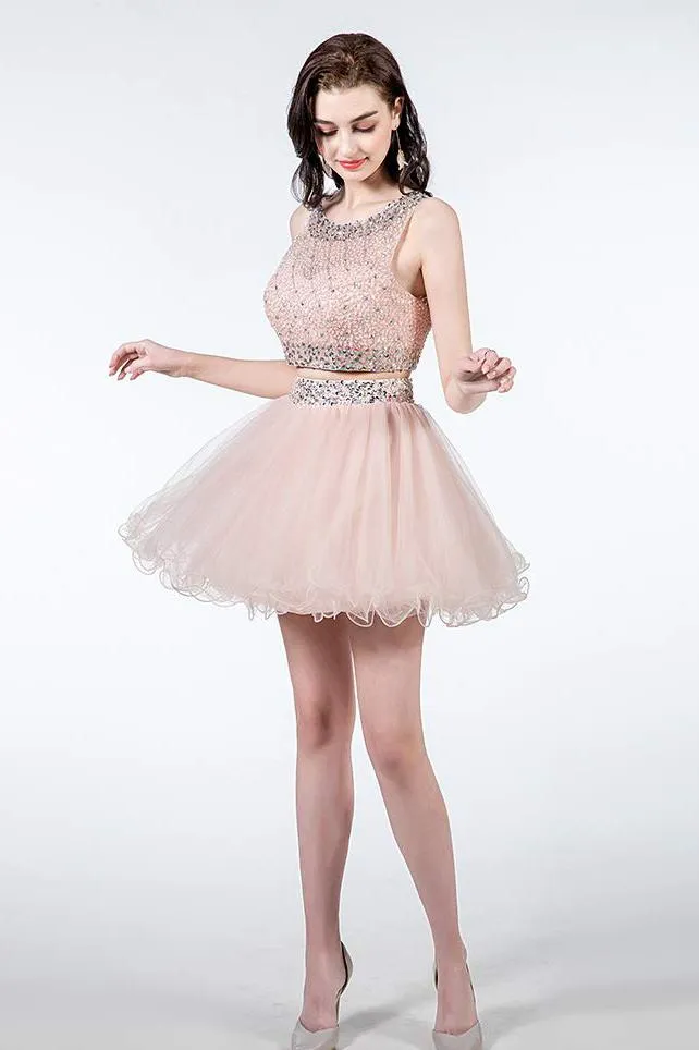 Sparkly Two Piece Homecoming Dresses Short Beaded Tulle Prom Gowns with Sequins UQ2011