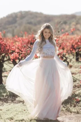 Two Pieces Long Sleeves Lace Wedding Dress Blush Pink Boho Beach Wedding Dress N2054